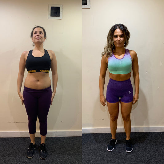 Before and after comparison of a woman's fitness transformation in sports attire.